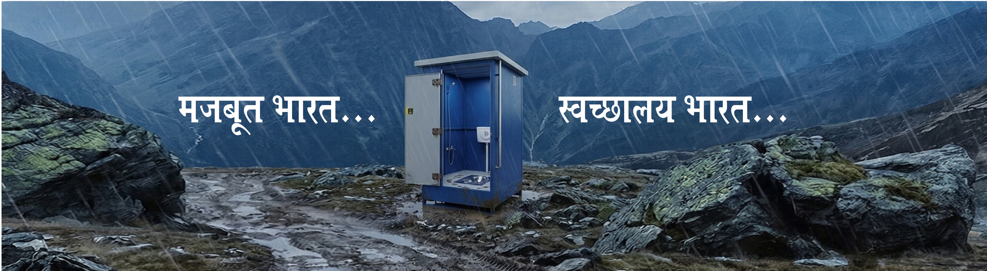 Banner with Hindi text मजबूत भारत and स्वच्छालय भारत, and a portable toilet in a mountain landscape.